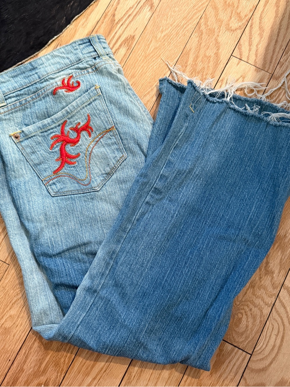 Steve & Barry's Two-Tone Blue Straight Leg Jeans with Red Embroidery